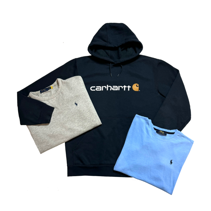 Lot de sweats Ralph Lauren et hoodie Carhartt premium sur fond blanc