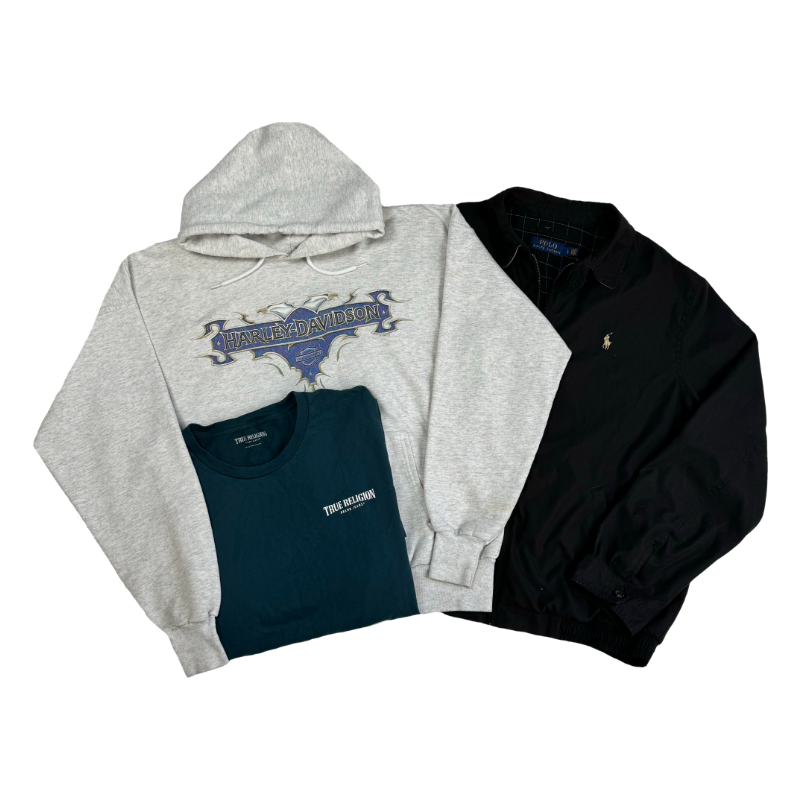 Sweat Harley Davidson, t-shirt True Religion et chemise Ralph Lauren – look vintage homme