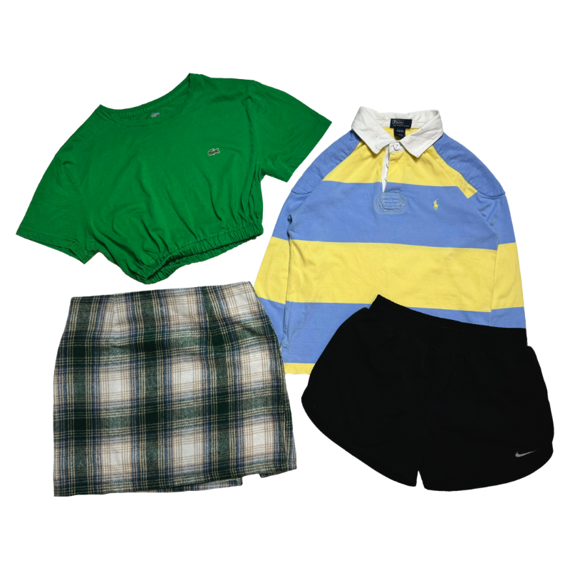 Lot femme avec t-shirt Lacoste, short Nike, jupe écossaise et rugby Ralph Laure