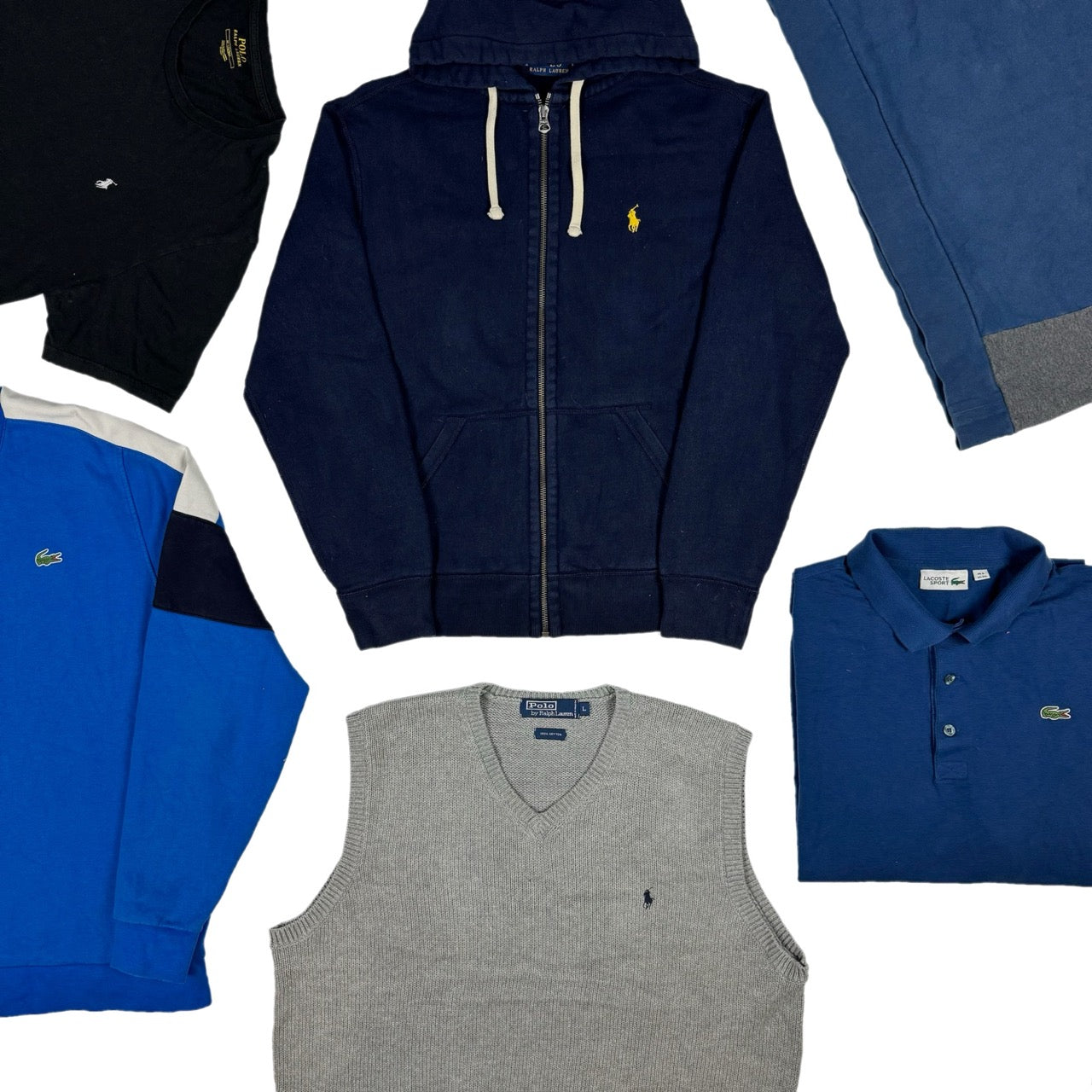 Sélection premium Ralph Lauren & Lacoste avec sweats, polos, gilets et pulls vintage mixtes