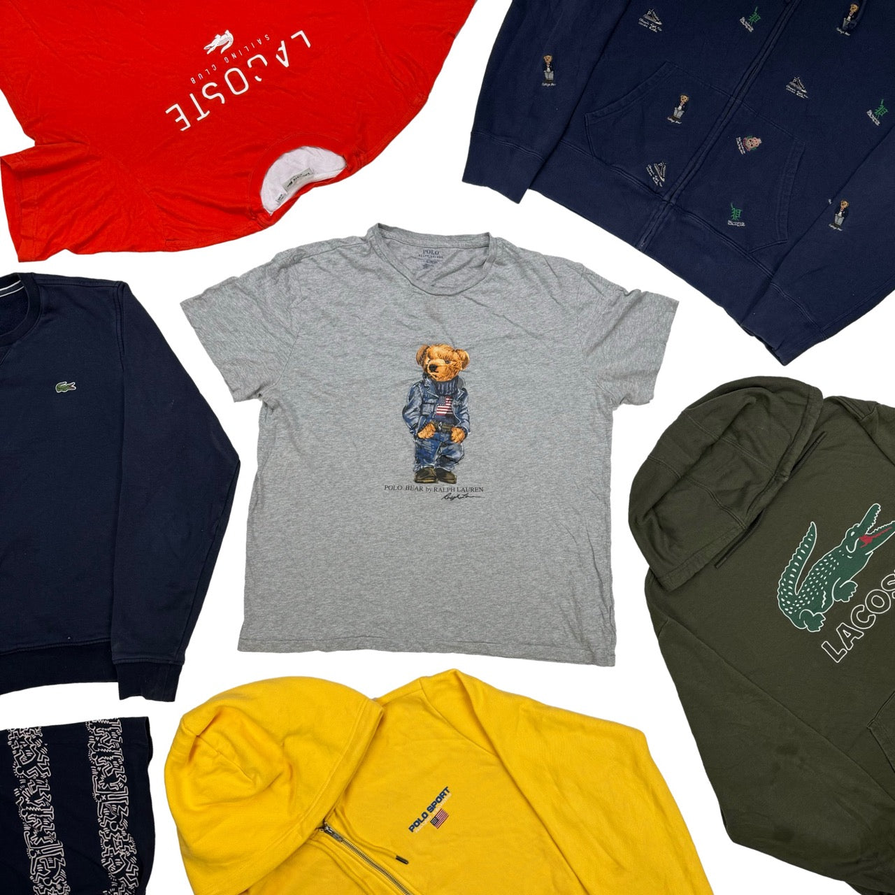 Lot premium avec sweats et t-shirts Lacoste et Ralph Lauren, dont le célèbre motif Polo Bear