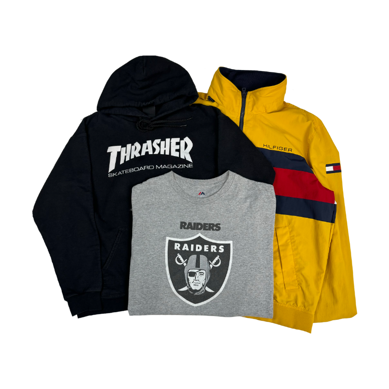 Sweat Thrasher, t-shirt Raiders et coupe-vent Tommy Hilfiger – ensemble vintage tendance
