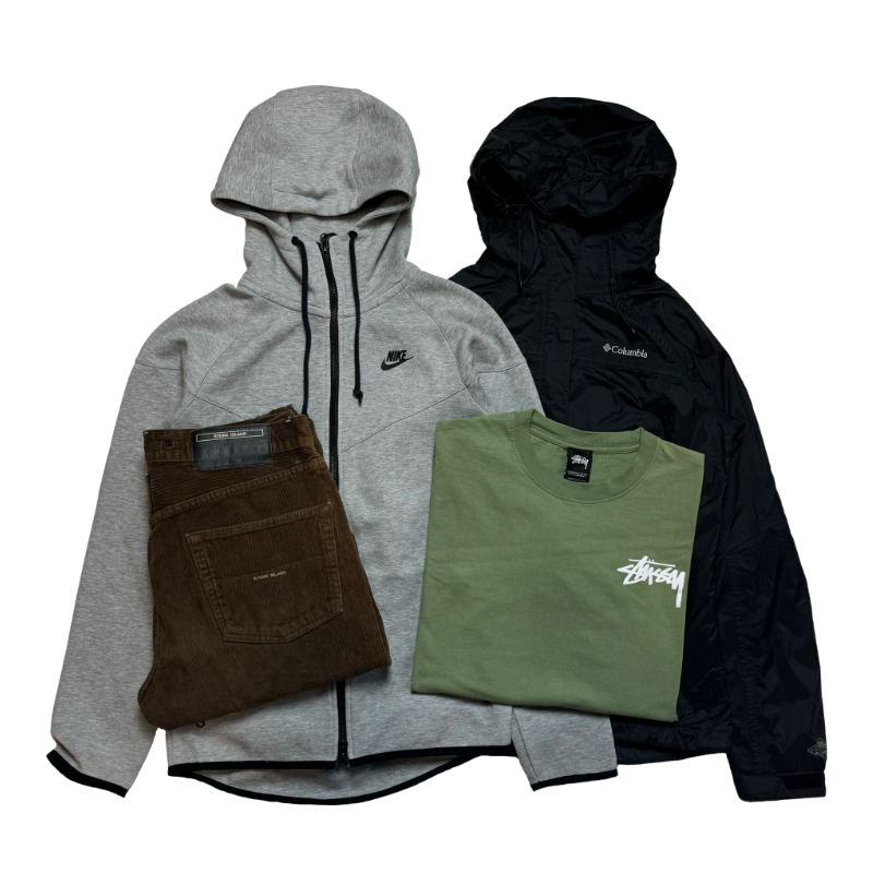 Tenue vintage avec hoodie Nike, pantalon en velours, veste Columbia et t-shirt Stussy – United Vintae